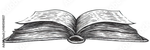 Open book illustration with detailed hand drawn engraving style pages and spine in black and white vector sketch art for reading concept design
