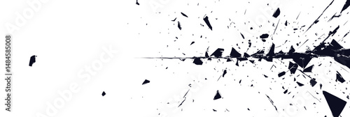 Black shattered glass explosion with scattered fragments and splinters on white background in minimalist flat vector style, broken fragments spread outward and sharp edges