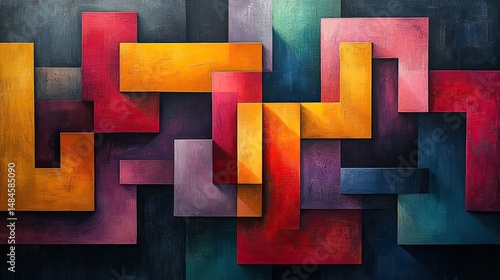 A vibrant geometric pattern with interlocking shapes and contrasting colors, creating a sense of depth and movement