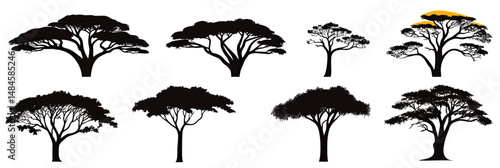 Set of black silhouette savanna acacia trees isolated on white background minimal flat vector icons collection for safari landscape design and nature themes