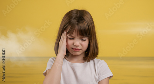 黄色い背景 頭痛で辛い子供 優しい表情