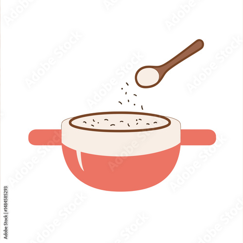 Minimalist vector illustration of porridge bowl with wooden spoon sprinkling seasoning on white background healthy breakfast food concept flat design style