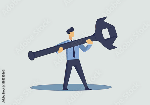 Businessman holding oversized wrench symbolizing problem solving and business repair in flat minimalist vector style illustration