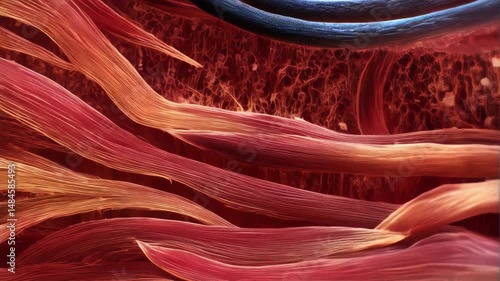 Anatomical cross section shows human muscle tissue, with fiber structures visible under microscopic magnification; anatomical, health, biology, body composition.