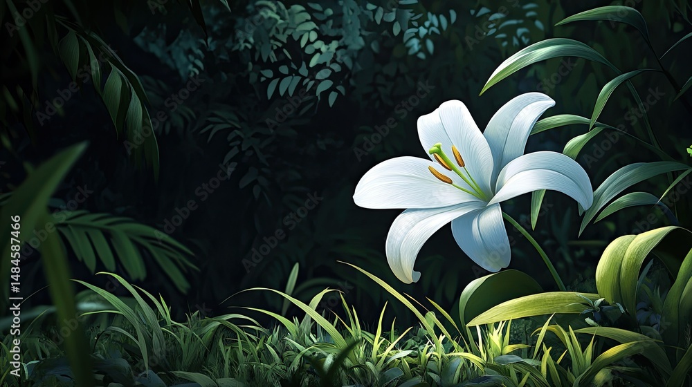 Obraz premium A cluster of white, bell-shaped flowers blooms atop a tall green stalk, surrounded by long, narrow sword-like leaves.