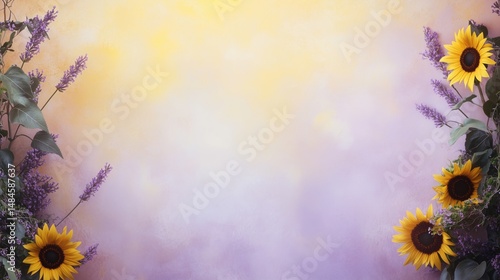 Dreamy Floral Arrangement with Sunflowers and Lavender Against Soft Yellow and Lavender Backdrop