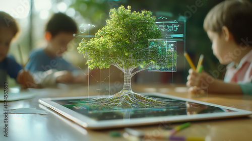 Digital tablet displaying interactive tree model captivates children as they engage in creative activities. scene reflects innovation and learning