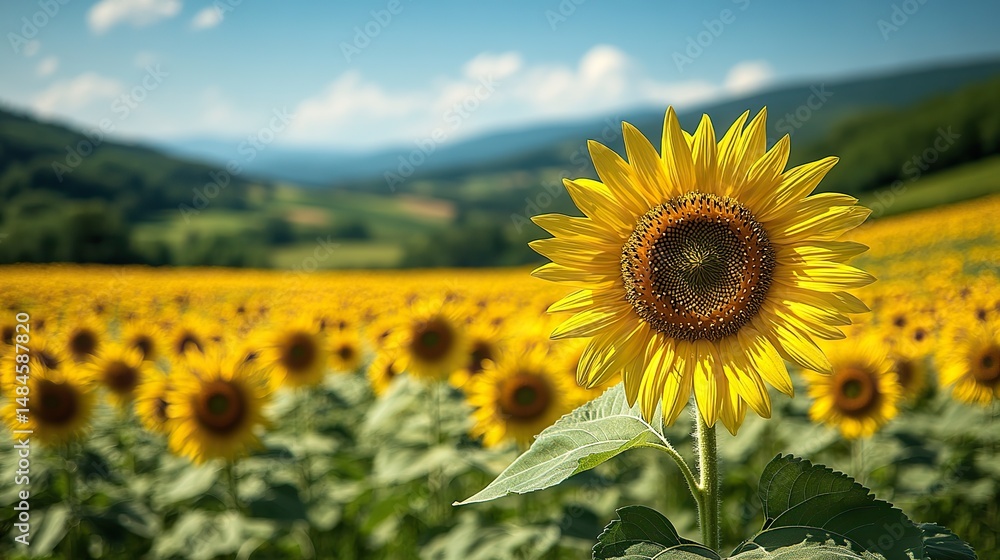 Fototapeta premium A vibrant sunflower field stretching as far as the eye can see under a clear, sunny sky, with the bright yellow blooms all facing the life-giving sun