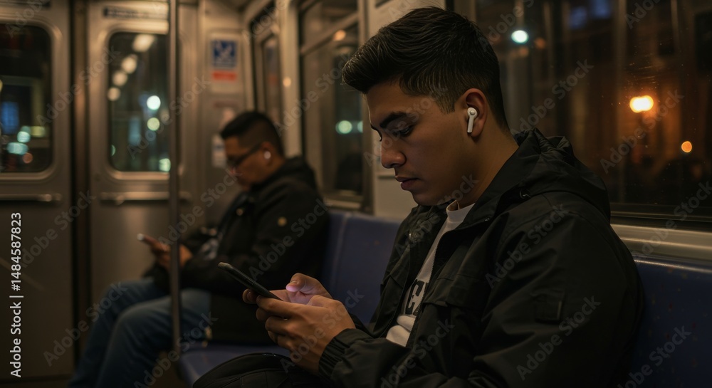 Young man using smartphone with earbuds while riding subway at night Young man using smartphone with earbuds while riding subway at night