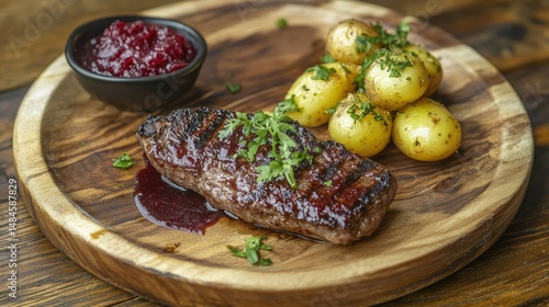 A beautifully plated dish featuring a large, juicy pork chop topped with a glossy berry sauce and fresh cranberries.
