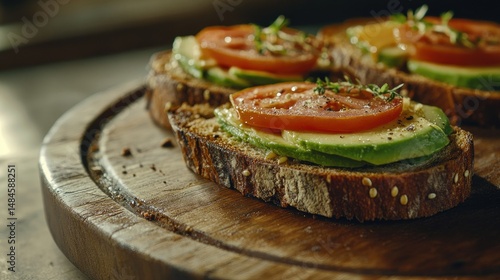 Two slices of toasted bread topped with slices of avocado and halved cherry tomatoes, garnished with small green shoots, presented on a wooden platter.