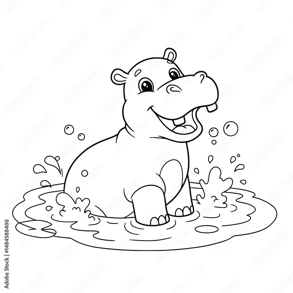 Adorable Cartoon Hippopotamus Playing in Water A Fun Coloring Page for Kids Featuring a Happy Hippo Adorable Cartoon Hippopotamus Playing in Water A Fun Coloring Page for Kids Featuring a Happy Hippo