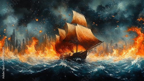 Fiery ship sailing through a city on fire