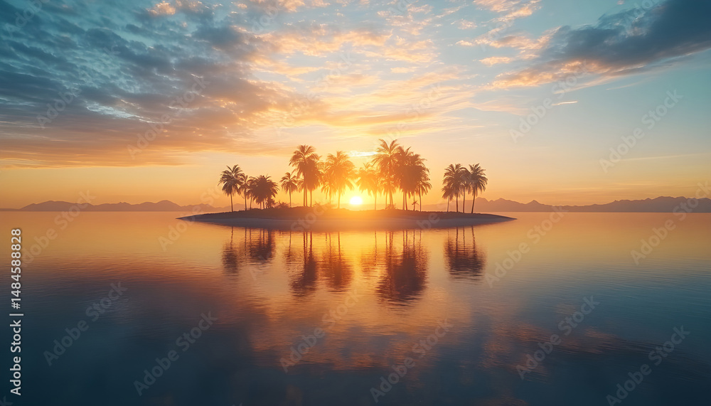 Fototapeta premium Amazing island panorama, palm trees sea sand reflections. Panoramic landscape, inspire tropical beach horizon. Golden sunset sky rays calm tranquil summer mood. Best vacation travel background banner