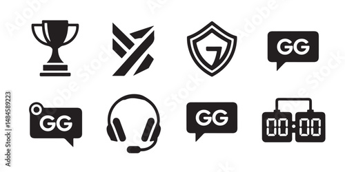 Esports Icon Set Vector Black Silhouettes of Trophies Teams Headsets Live Chat and Scoreboards