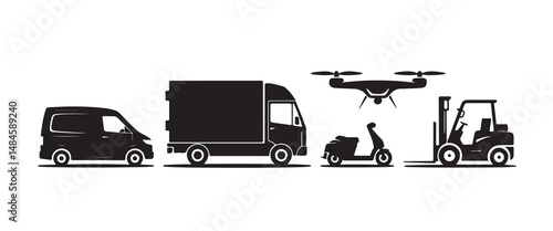 Delivery Vehicles Icon Set Vector – Black Silhouettes of Van, Truck, Scooter, Drone, and Forklift