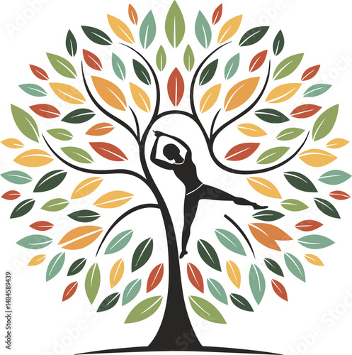 Silhouette of a woman in yoga pose within a vibrant autumn tree.