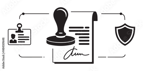 Legal Services Icon Set Vector Black Silhouettes of Notary Stamp Agreement Signature ID Verification and Shield