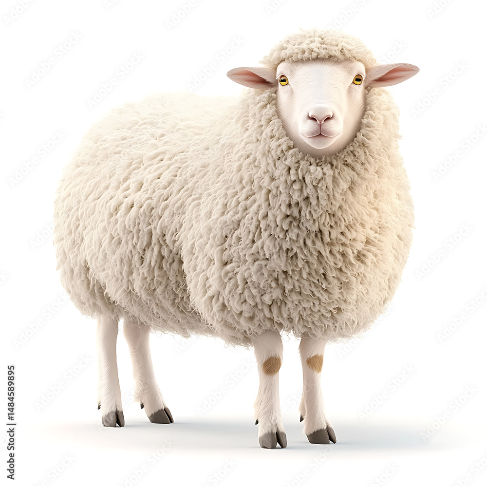 Fototapeta premium Fluffy sheep stands isolated white background, showcasing its soft wool and gentle expression. This adorable animal evokes sense of calm