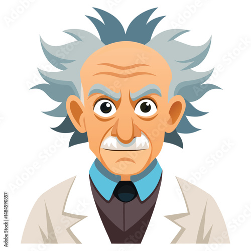 Wise old professor illustration: An illustration of a wise old professor, a prominent figure, with an unkempt hairstyle and a stern gaze, embodying the essence of academia and scientific rigor.