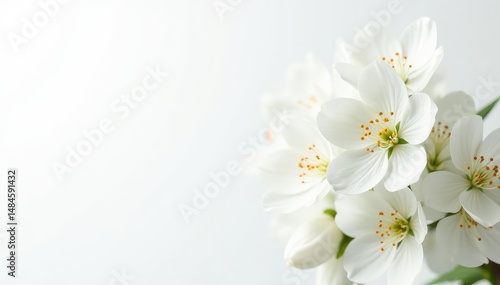 Delicate white blossoms against a pure white backdrop, spring, background