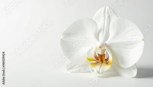 Delicate white orchid blossom against pure white backdrop, wedding, zen