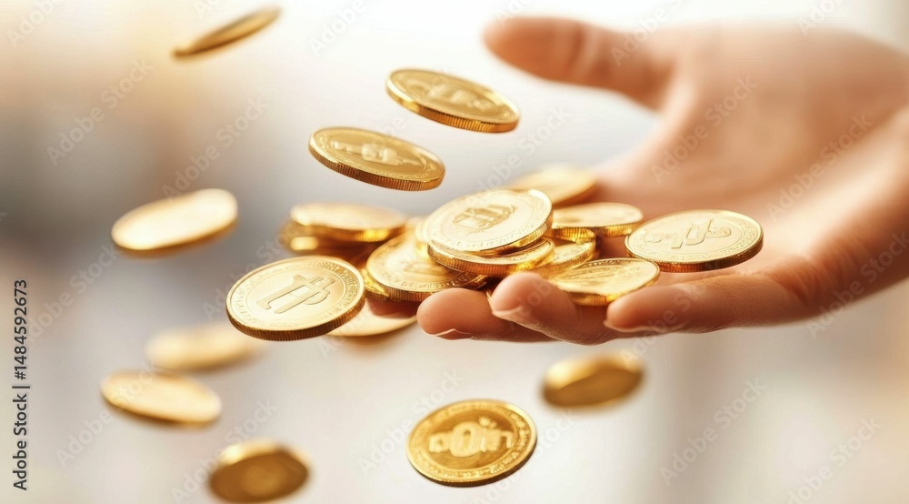 Golden coins fall against a white background, symbolizing the movement of wealth and business profit, ideal for financial and wealth concepts. Gold coins have no logo or any pattern on them. Golden coins fall against a white background, symbolizing the movement of wealth and business profit, ideal for financial and wealth concepts. Gold coins have no logo or any pattern on them.