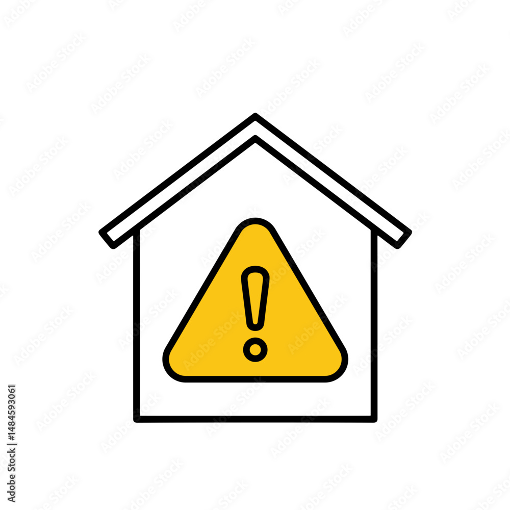 House with caution warning sign in simple outline design  