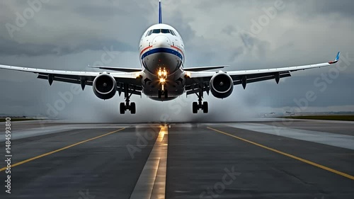 A large airplane takes off from a runway against a dramatic stormy sky.