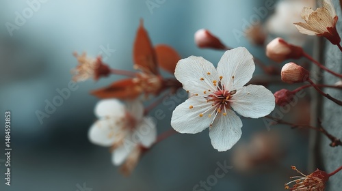 Blossoming Cherry Blossom: Delicate cherry blossoms unfurl their pristine petals, a symbol of spring's gentle beauty and transient elegance, embodying nature's rebirth. Ai Image