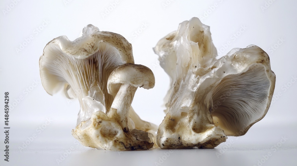 Three fresh shiitake mushrooms are displayed against a white background. Three fresh shiitake mushrooms are displayed against a white background.