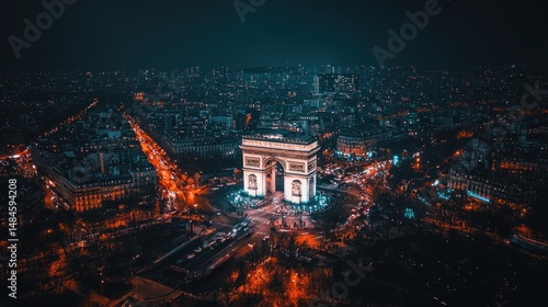 Night view of Parisian city lights surrounding an archway monument.