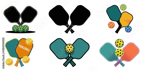 Pickleball Logo With Crossed Racket and Ball Above Them, PICKLEBALL RACKET AND BALL, Pickleball paddle with ball flat vector icon for sports apps and websites, Pickle ball Racket and Balls, Pickleball