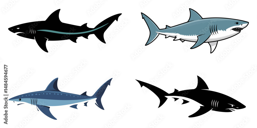 Fototapeta premium sharks isolated on white background, modern and simple shark silhouette, a negatively spaced shark in black color icon vector temple, export wild shark, funny shark silhouette vector illustration.