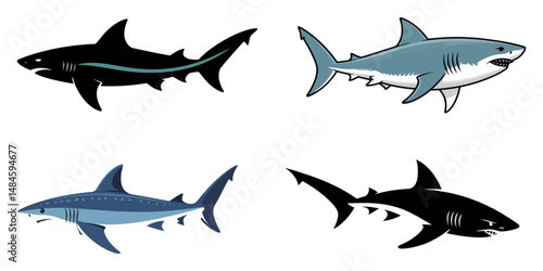 sharks isolated on white background, modern and simple shark silhouette, a negatively spaced shark in black color  icon vector temple, export wild shark, funny shark silhouette vector illustration.