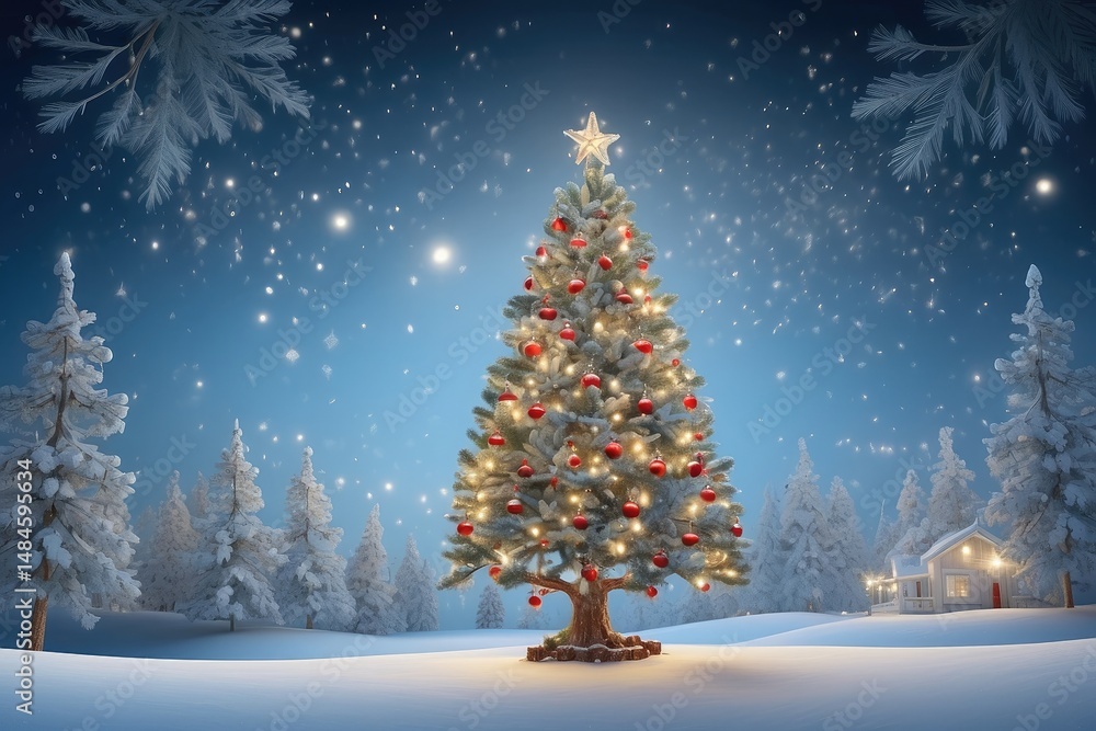 Fototapeta premium Winter Holiday Background with Blue Pine Branches and Festive Lights