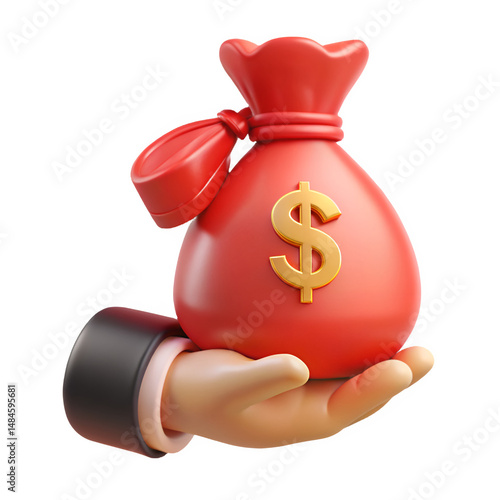 Animated hand holding a red money bag with golden dollar sign representing financial success