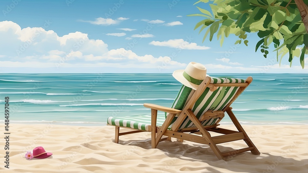 Fototapeta premium Striped Beach Chair with Sun Hat on Sandy Shore – Peaceful Oceanfront Vacation Scene