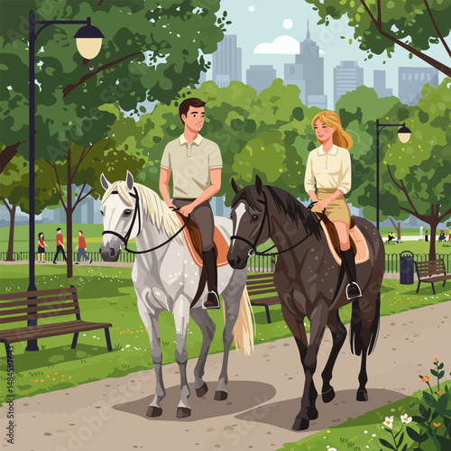 Couple Riding Horses in City Park Enjoying Leisurely Outdoor Activity