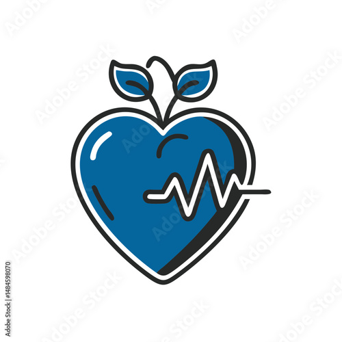 Heart symbol with heartbeat line and leaves in modern style  