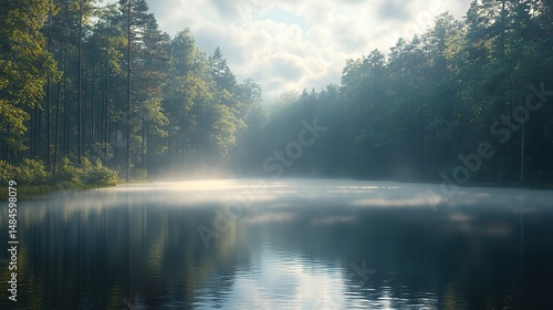 Wallpaper Mural Abstract patterns of light and shadow dance across the surface of a still, reflective lake surrounded by a dense forest shrouded in a gentle mist Torontodigital.ca