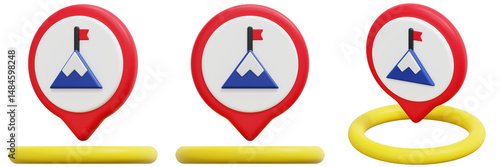 Free Download Set of 3D Red And Yellow Location Icons With Mountain Peak And Flag 3d Render Icon Illustration - GFXLoad