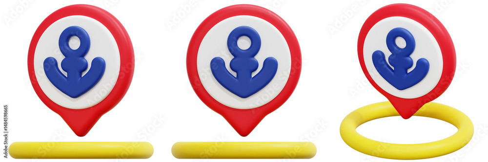 Obraz premium Set of 3D Red White and Blue Anchor Map Markers with Yellow Rings 3d Render Icon Illustration
