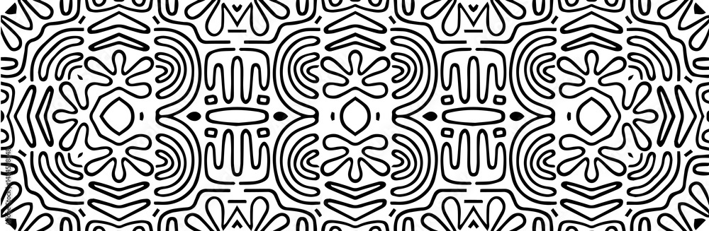 Fototapeta premium Geometric ethnic black pattern on white background, zentangle. Banner. The template is suitable for laser cutting of metal, wood carving, coloring. Stencil for carving, paper design, stained glass.