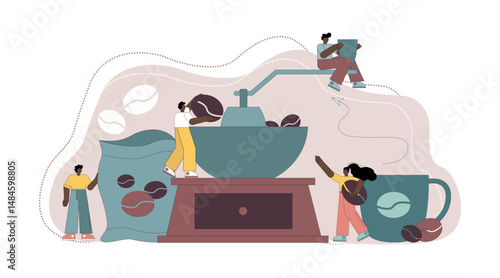 Grinding coffee beans. Flat people make coffee, grind coffee on a coffee grinder. Barista.eps