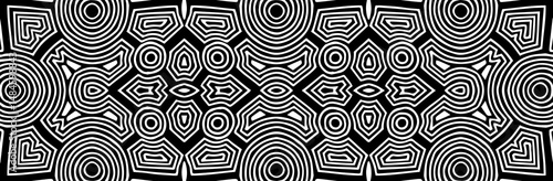 Geometric ethnic white abstract pattern on black background, banner. The template is suitable for laser cutting of metal, wood carving, coloring. Stencil for carving, paper design, stained glass.