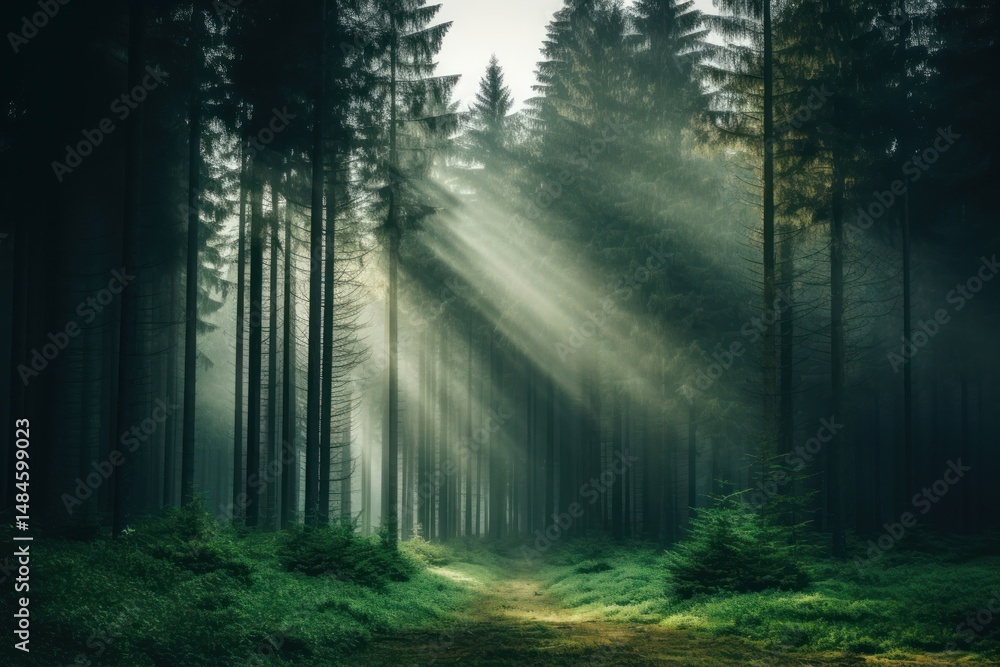 Obraz premium A forest with tall trees green vegetation rainforest.