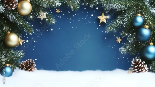 Wallpaper Mural Christmas Border, Ornaments, Pine Branches, Snow on Blue Background. Christmas Frame, Copy Space Torontodigital.ca