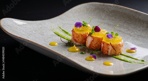 Lobster medallion with citrus gel on elegant plate for gourmet food blogs, restaurant menu design, fine dining photography, and luxury cuisine marketing