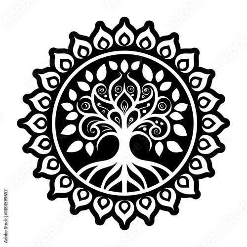 A solid style icon showing bodhi tree enlightenment